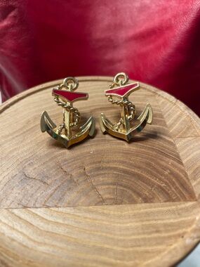 Gold Anchor Earrings with Red Enamel Accent Clip-on